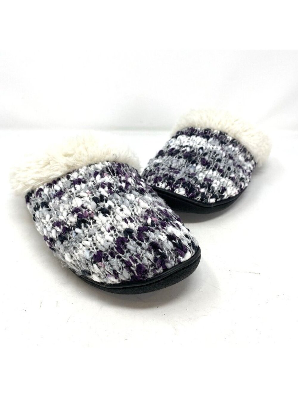 Isotoner Slippers Womens 8.5 Amanda Purple Sweater Knit Clogs Faux Fur Fleece